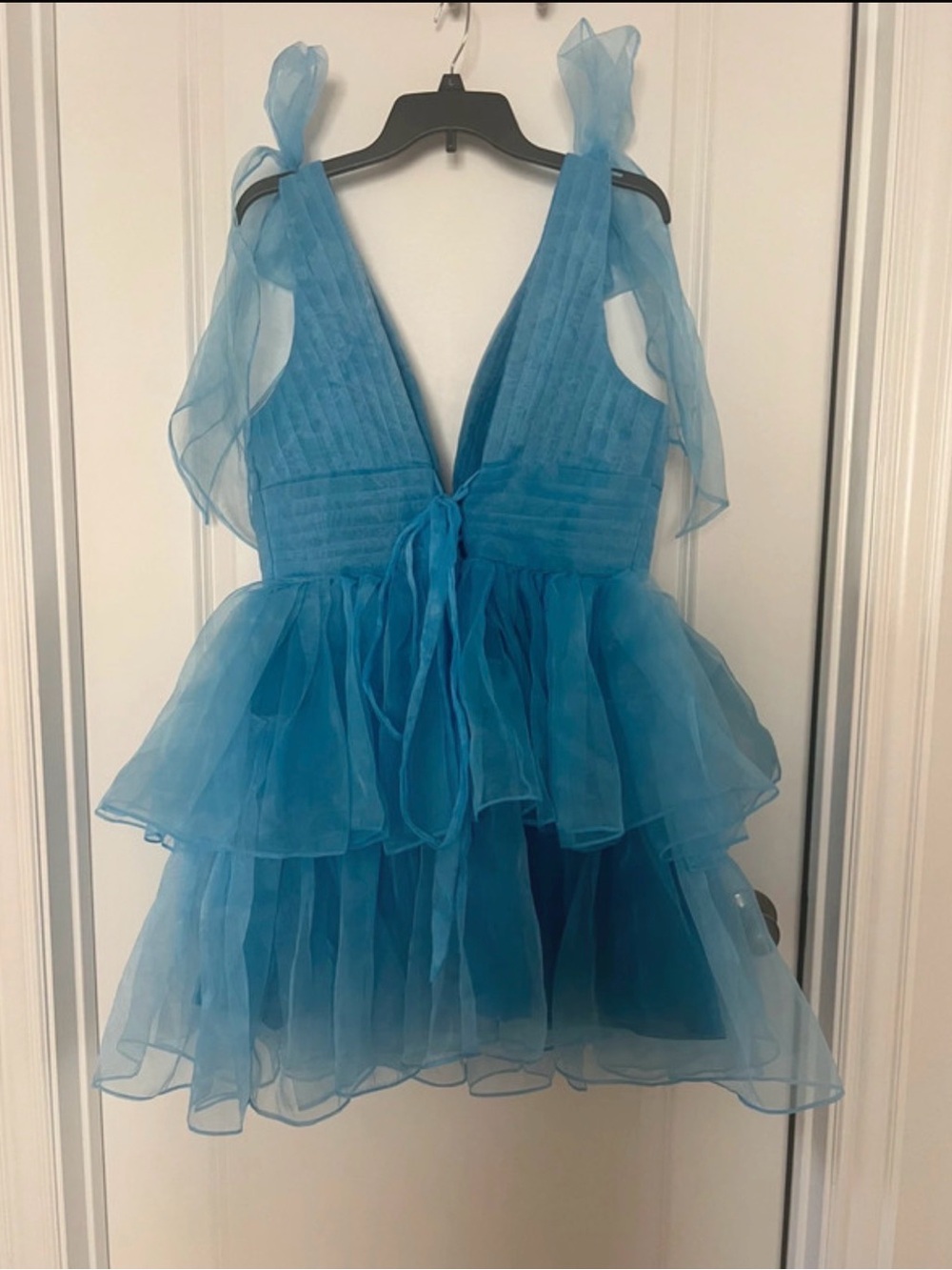Blue Tie-Shoulder Ruffled V-Neck Mini Dress - Picture 3 of 12